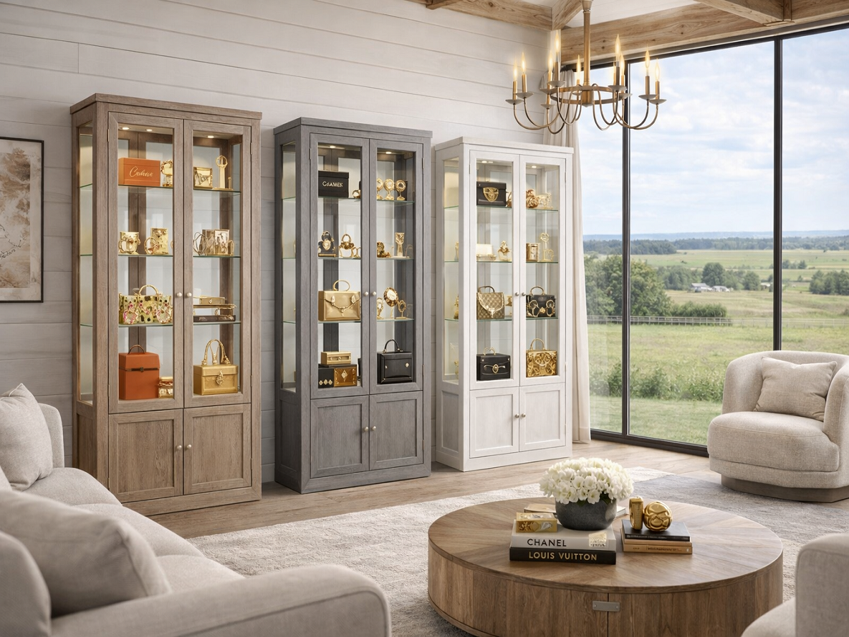 JOE (AUSSIE MADE) CHINA DISPLAY UNIT WITH GROOVE TOP WITH 4 DOORS / 2 GLASS SHELVES + MIRRORED BACK (HALF GLASS) COLLECTION - ASSORTED COLOURS - STARTING FROM $1899