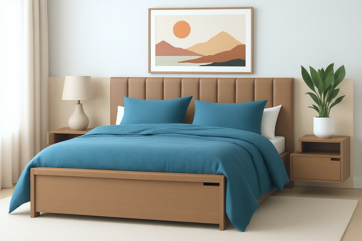 LINCOLN (AUSSIE MADE) BEDROOM COLLECTION WITH FABRIC BEDHEAD AND UNDERBED STORAGE BOX - ASSORTED STAINED COLOURS