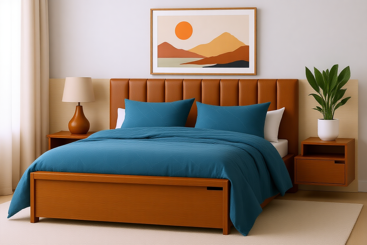 LINCOLN (AUSSIE MADE) BEDROOM COLLECTION WITH FABRIC BEDHEAD AND UNDERBED STORAGE BOX - ASSORTED STAINED COLOURS