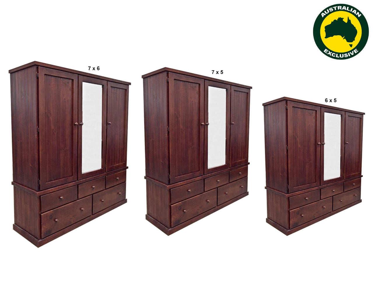 MONTANA (AUSSIE MADE) WARDROBE 3 DOOR / 5 DRAWER WITH T&G BACKING COLLECTION - ASSORTED STAINED COLOURS - STARTING FROM $1599