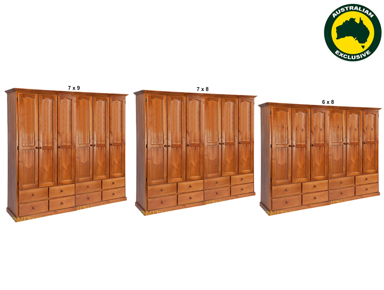 MUDGEE (AUSSIE MADE) WARDROBE WITH 6 DOORS / 8 DRAWERS COLLECTION - ASSORTED STAINED COLOURS - STARTING FROM $2399