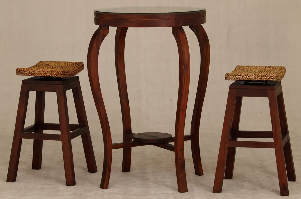 ORNAMENT BAR TABLE  WITH 2x STOOLS  - 1000(H) * 700(D) - MAHOGANY