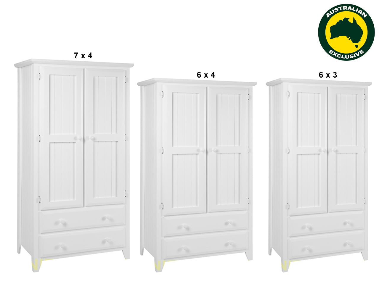 MANILLA (AUSSIE MADE) 2 DOOR / 2 DRAWER WARDROBE WITH T&G DOORS & SIDES COLLECTION - ASSORTED PAINTED COLOURS - STARTING FROM $1299