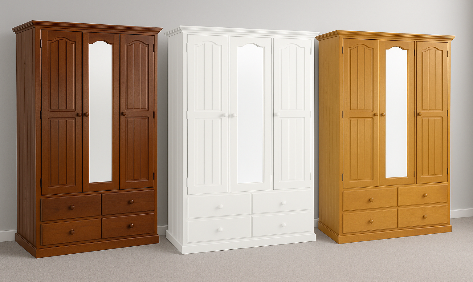 MUDGEE (AUSSIE MADE) MIRROR WARDROBE WITH 3 DOORS & 4 DRAWERS ALL HANGING COLLECTION - ASSORTED STAINED COLOURS - STARTING FROM $1199