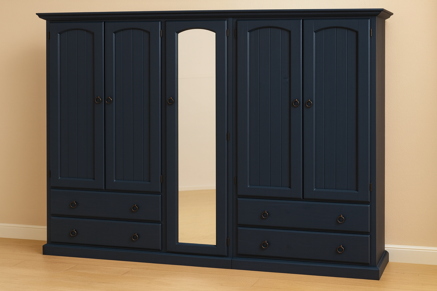 NIMERA (LOCAL MAKE) 3 PIECE WARDROBE WITH 5 DOORS & 4 DRAWERS WITH SHELVES BEHIND MIRROR COLLECTION - ASSORTED STAINED COLOURS - STARTING FROM $1899