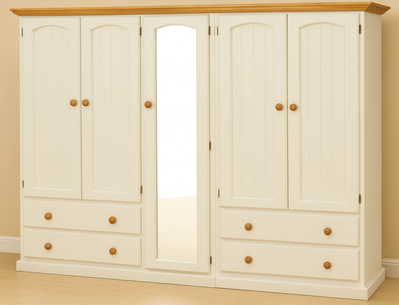 NIMERA (LOCAL MAKE) 3 PIECE WARDROBE WITH 5 DOORS & 4 DRAWERS WITH SHELVES BEHIND MIRROR COLLECTION - ASSORTED STAINED COLOURS - STARTING FROM $1899