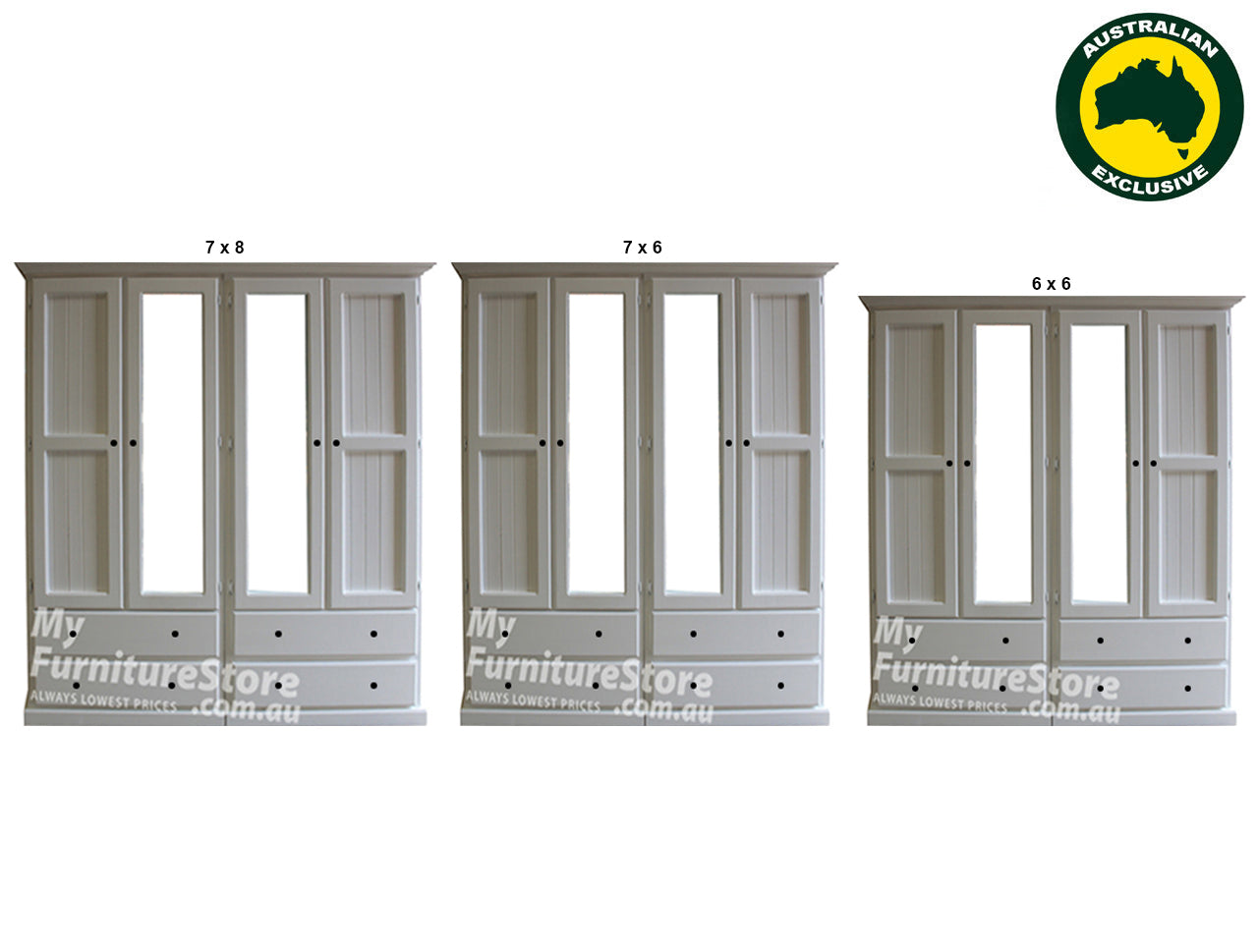 MUDGEE (AUSSIE MADE) 2 PIECE WARDROBE (3 SECTION) WITH 4 DOOR AND 4 DRAWERS COLLECTION - ASSORTED PAINTED COLOURS - STARTING FROM $1999