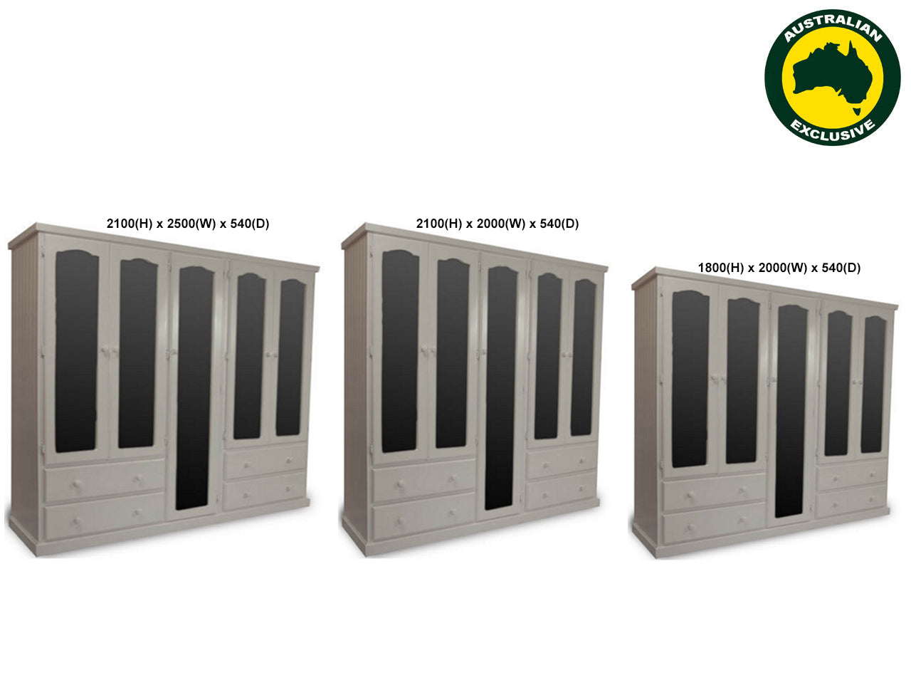 MUDGEE (AUSSIE MADE) 3 SECTIONS MULTIROBE WITH 5 MIRRORED DOORS COLLECTION - ASSORTED PAINTED COLOURS - STARTING FROM $1999