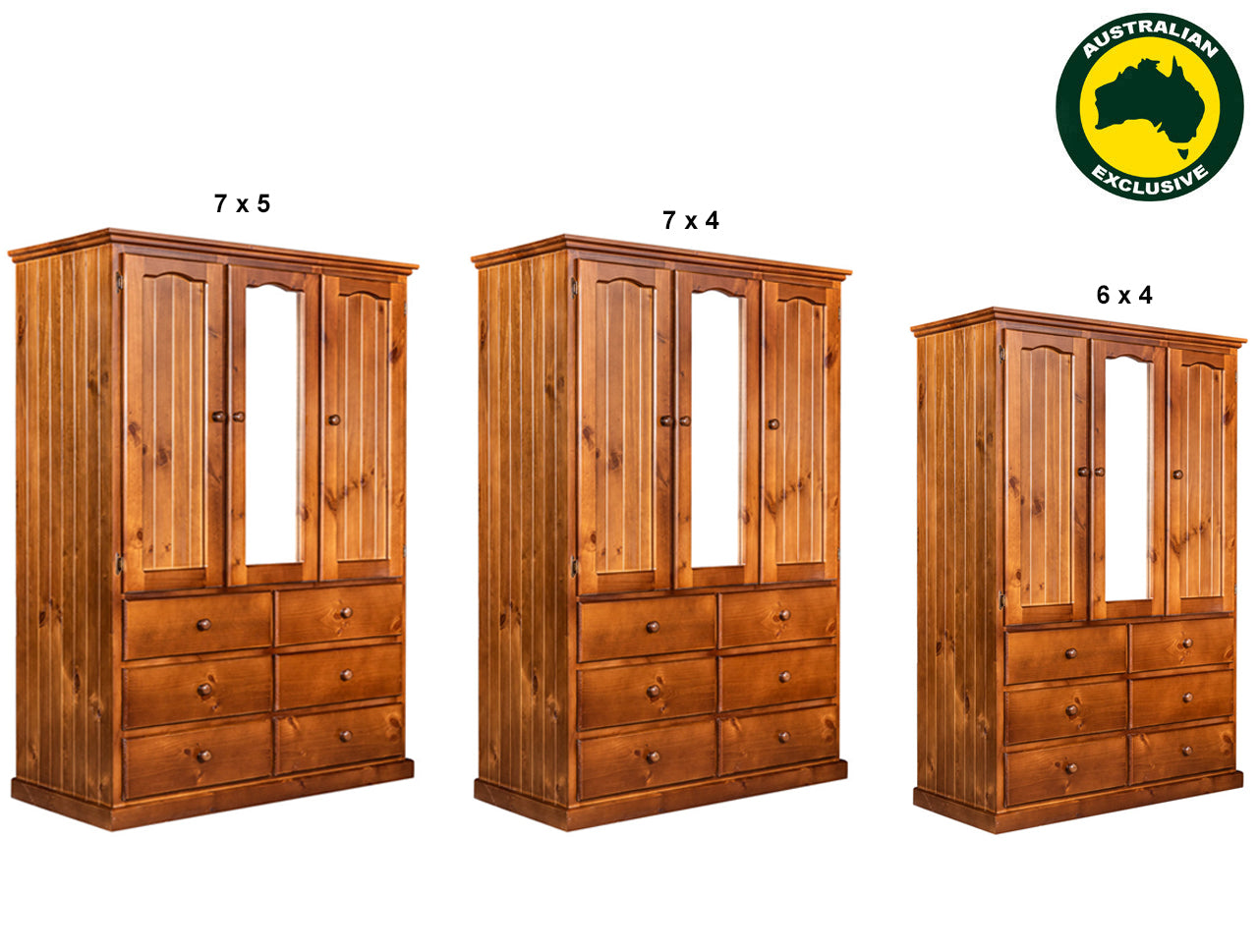 MUDGEE (AUSSIE MADE) WARDROBE - ALL HANGING WITH 3 DOORS / 6 DRAWERS MIRRORED WARDROBE COLLECTION - ASSORTED STAINED COLOURS - STARTING FROM $1299