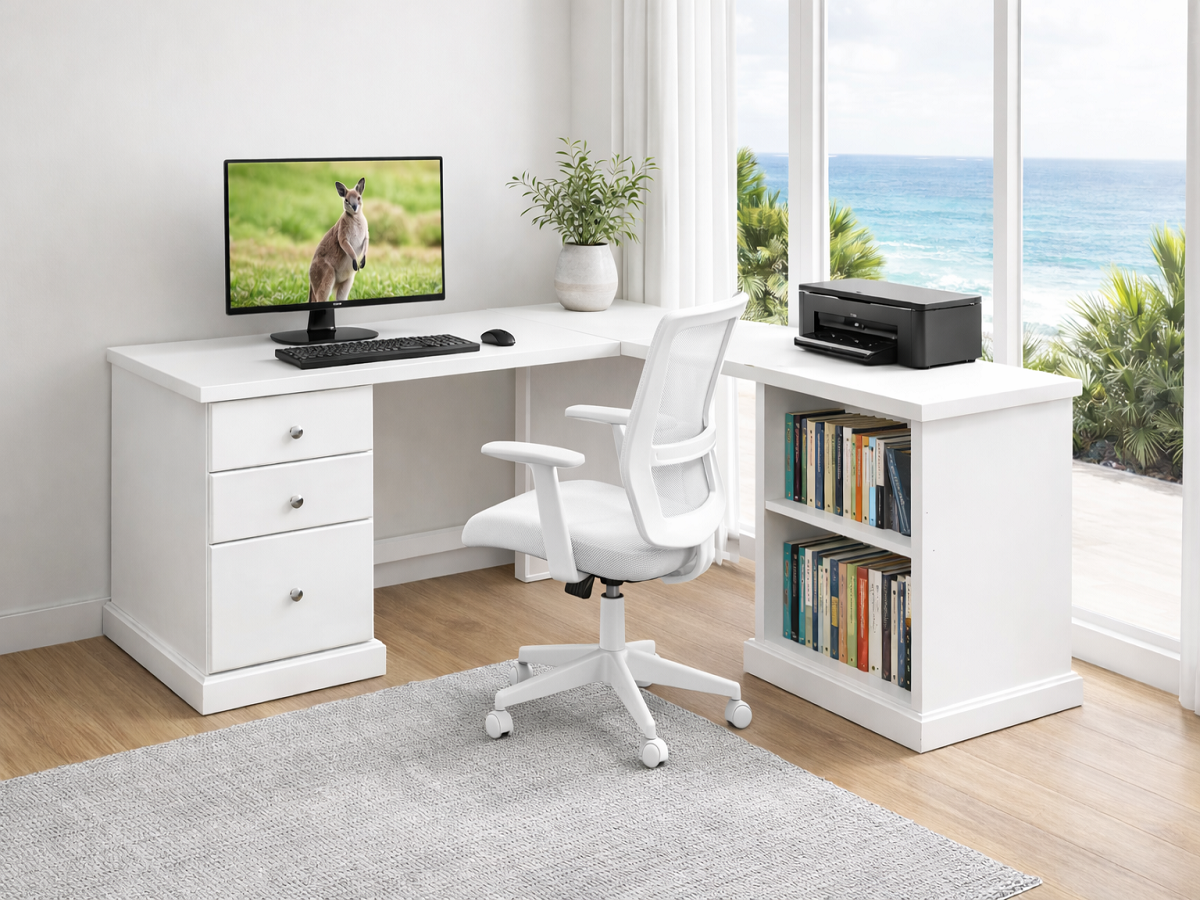 MUDGEE (D10) CORNER OFFICE DESK (AUSSIE MADE) 3 DRAWERS AND 2 OPENINGS - ASSORTED COLOURS - STARTING FROM $1699