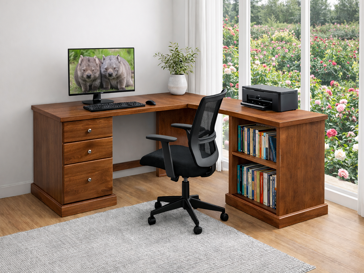 MUDGEE (D10) CORNER OFFICE DESK (AUSSIE MADE) 3 DRAWERS AND 2 SHELF SPACES - ASSORTED COLOURS - STARTING FROM $1699
