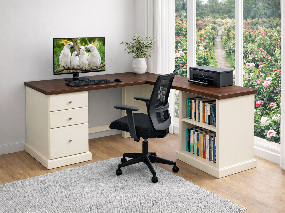 MUDGEE (D10) CORNER OFFICE DESK (AUSSIE MADE) 3 DRAWERS AND 2 SHELF SPACES - ASSORTED COLOURS - STARTING FROM $1699