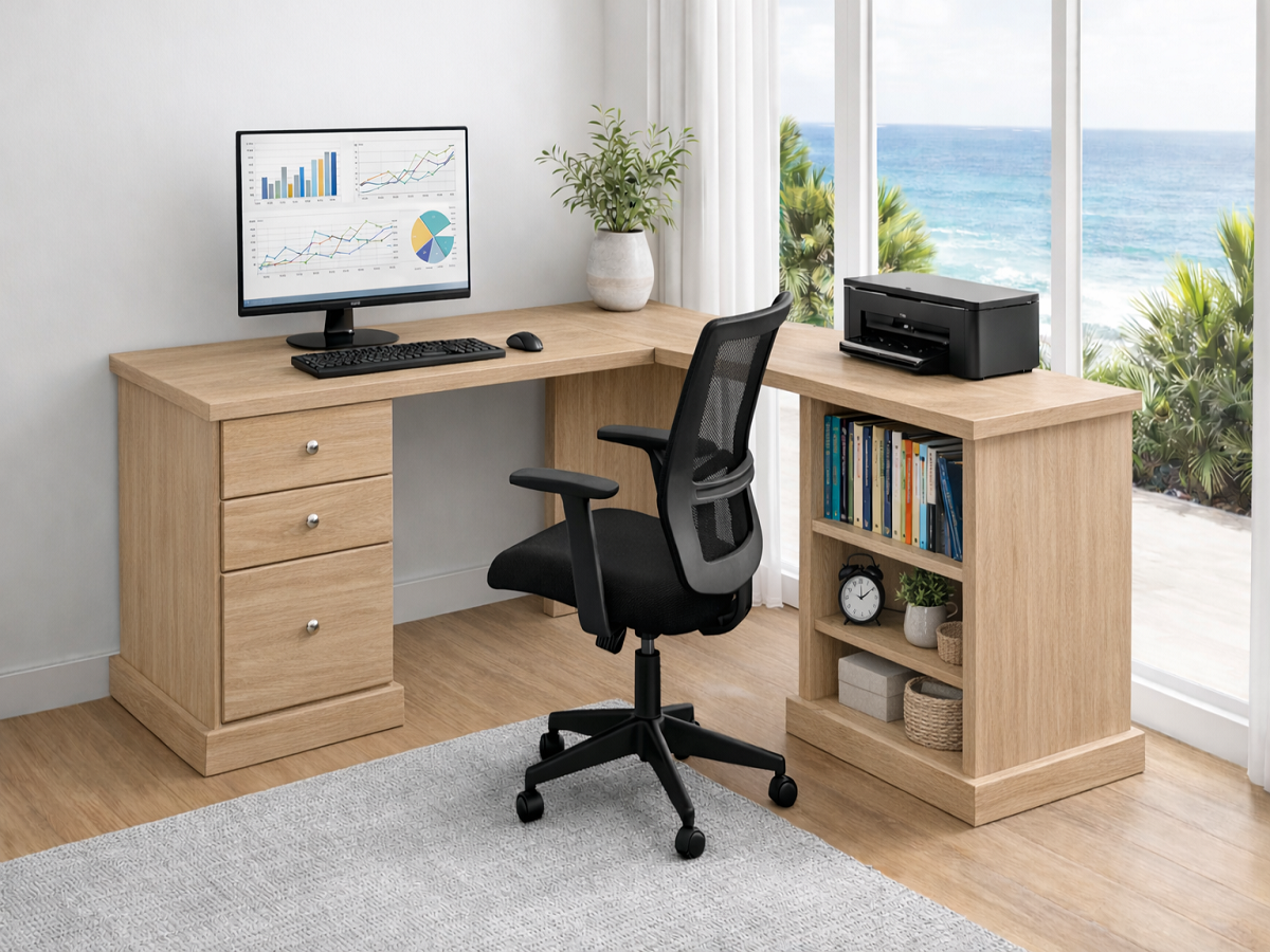 MUDGEE (D10) CORNER OFFICE DESK (AUSSIE MADE) 3 DRAWERS AND 2 OPENINGS - ASSORTED COLOURS - STARTING FROM $1699