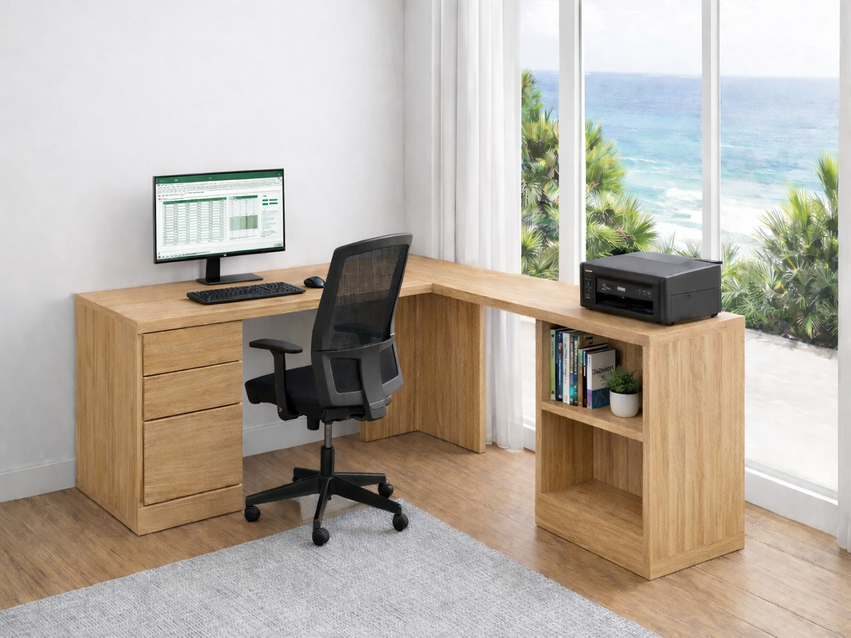 MUDGEE (D10) CORNER OFFICE DESK (AUSSIE MADE) 3 DRAWERS AND 2 OPENINGS - ASSORTED COLOURS - STARTING FROM $1699