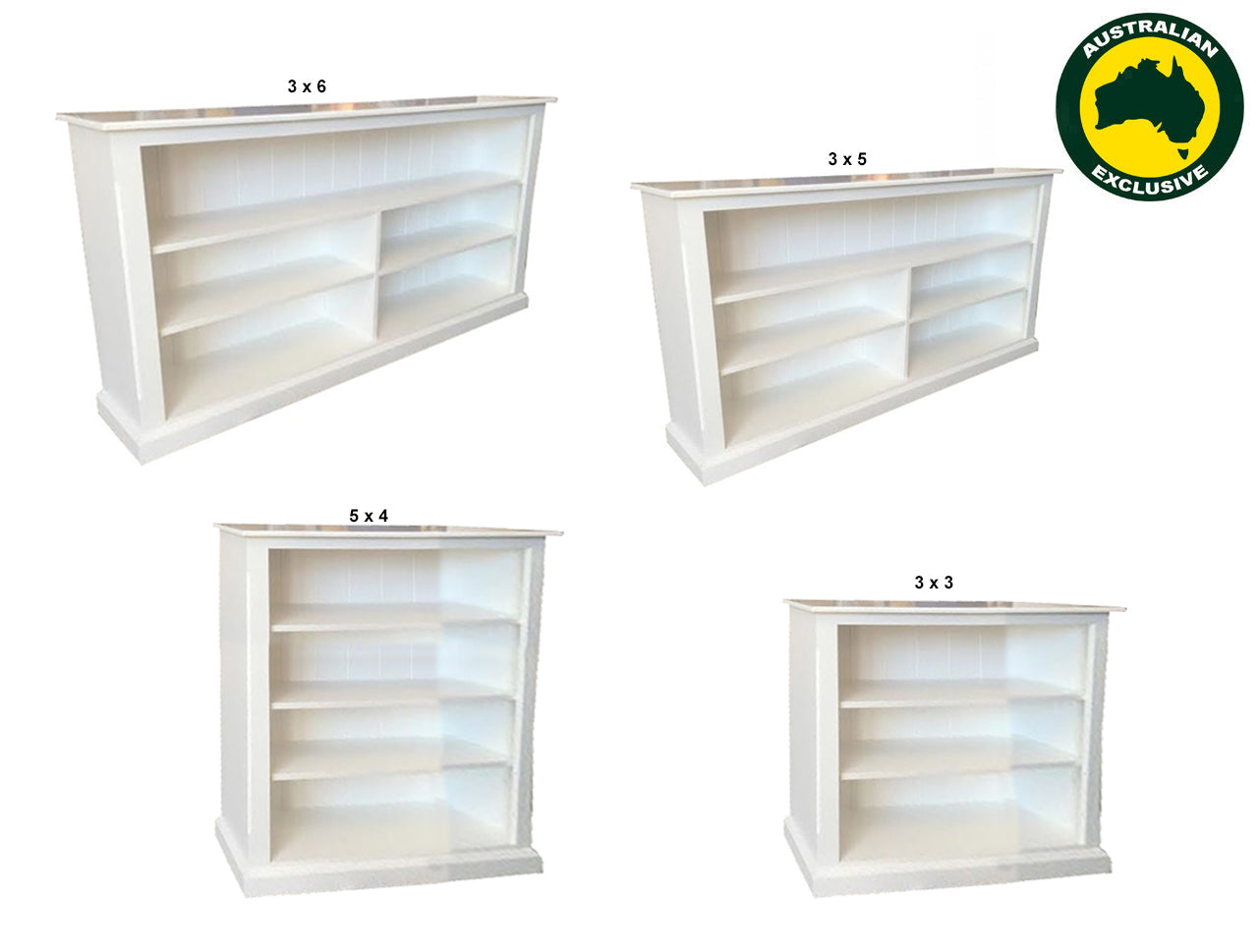 MUDGEE (AUSSIE MADE) LOWLINE WITH 70MM FACINGS BOOKCASE COLLECTION  - ASSORTED PAINTED COLOURS - STARTING FROM $549
