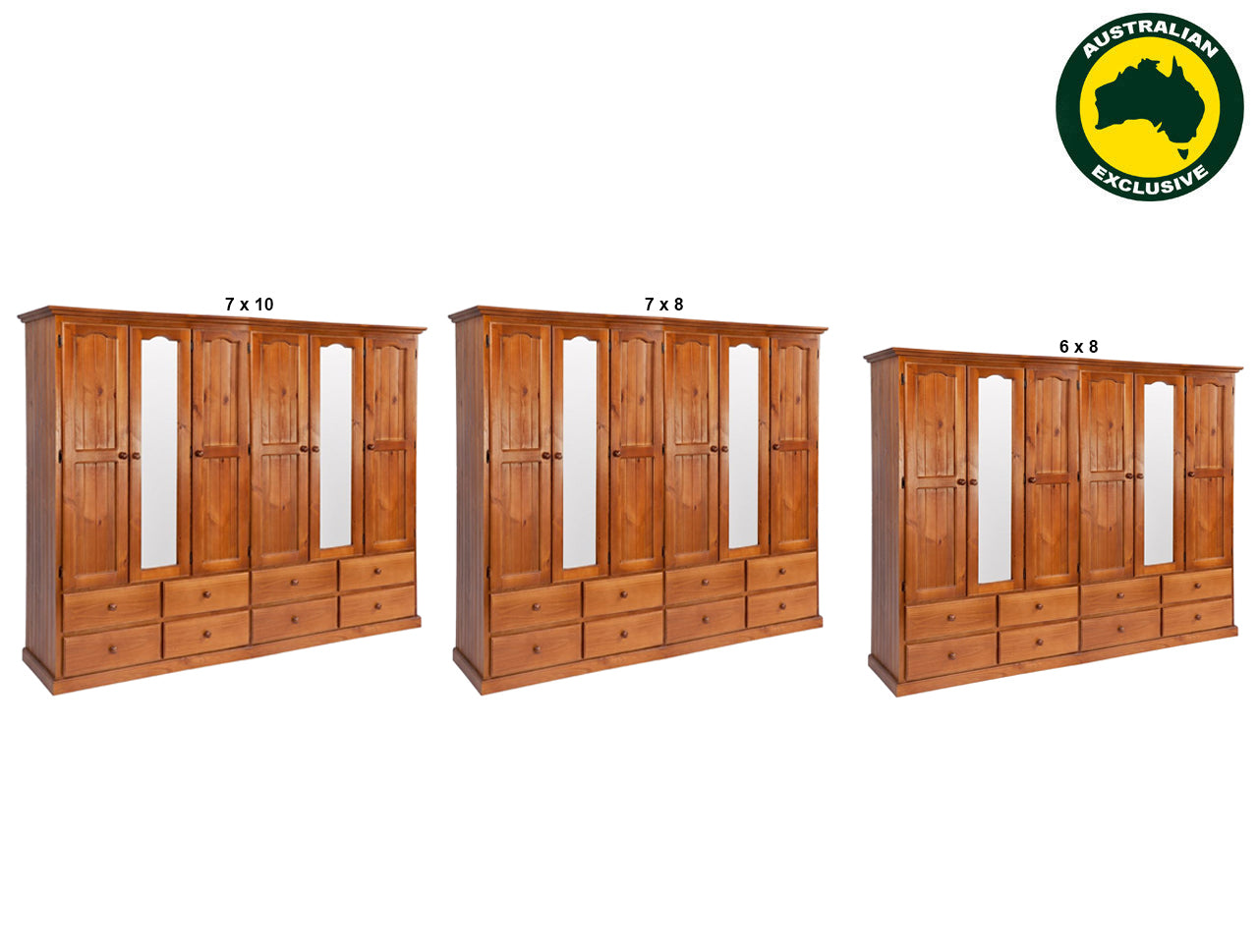 MUDGEE (AUSSIE MADE) MIRROR WARDROBE WITH 6 DOORS / 8 DRAWERS COLLECTION - ASSORTED STAINED COLOURS - STARTING FROM $2399
