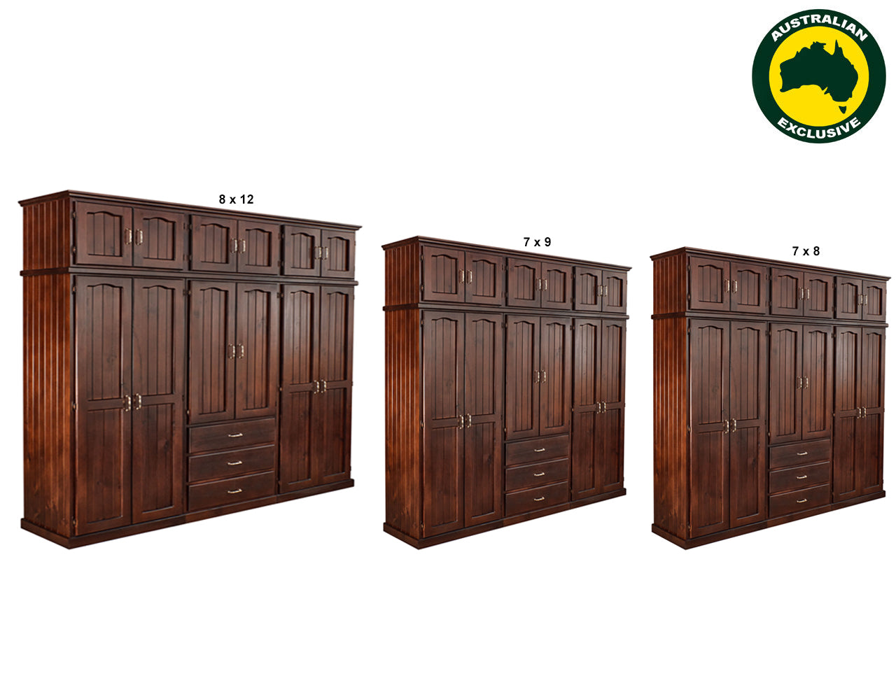 MUDGEE (AUSSIE MADE) TIMBER 3 PIECE MULTIROBE WITH TOP STORAGE BOXES COLLECTION - ASSORTED STAINED COLOURS - STARTING FROM $2999