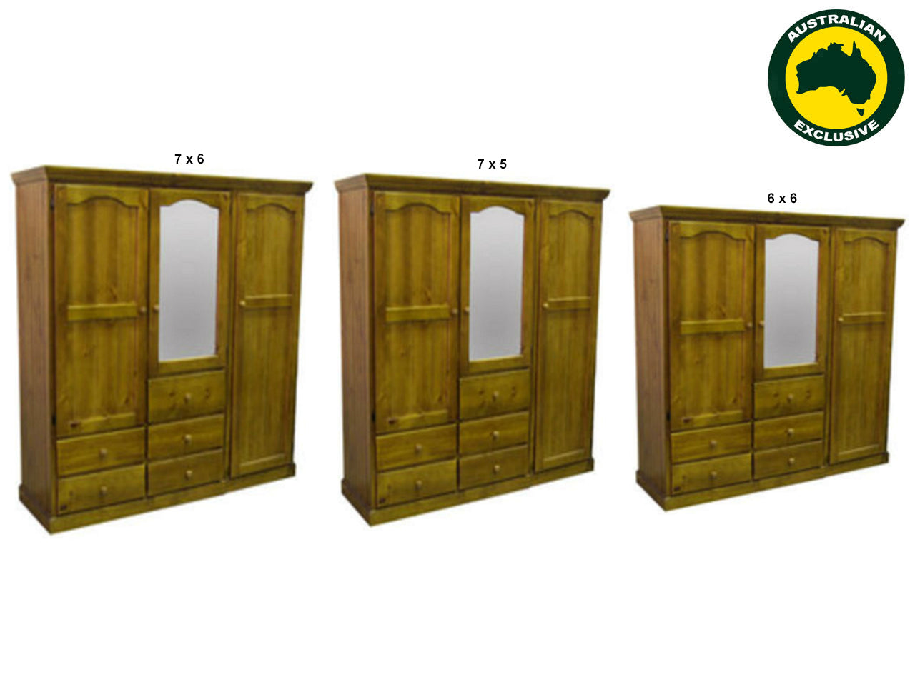MUDGEE (AUSSIE MADE) 3 SECTION WITH 3 DOORS & 5 DRAWERS WARDROBE COLLECTION - ASSORTED STAINED COLOURS - STARTING FROM $1499