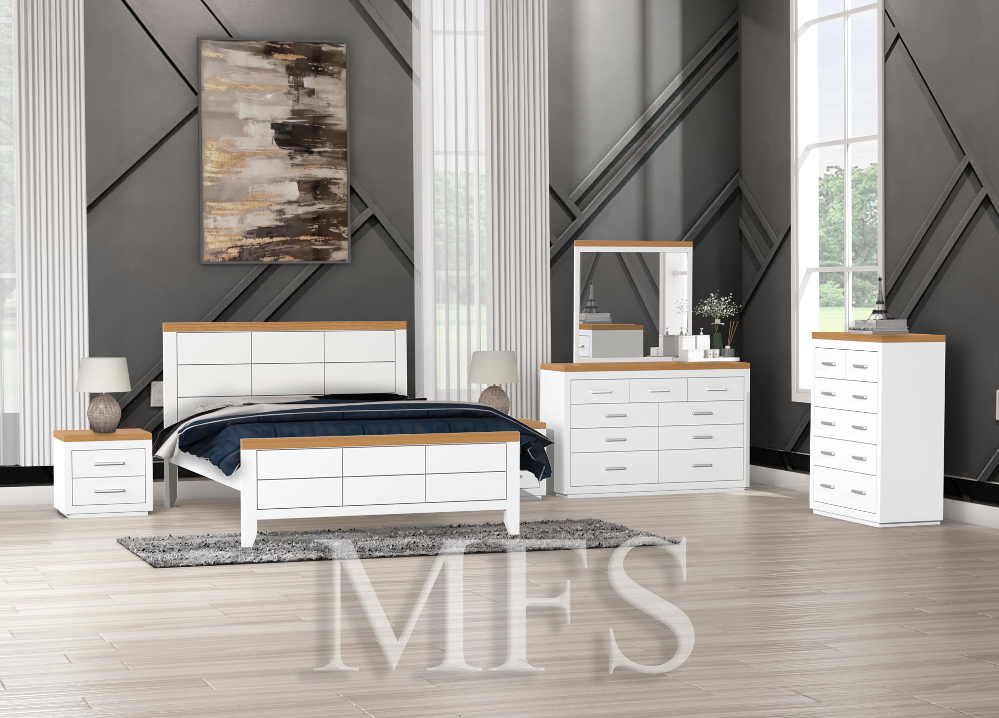 DOUBLE OR QUEEN NARRABEEN (AUSSIE MADE) 5 PIECE (DRESSER) BEDROOM SUITE - TWO TONE - ASSORTED COLOURS