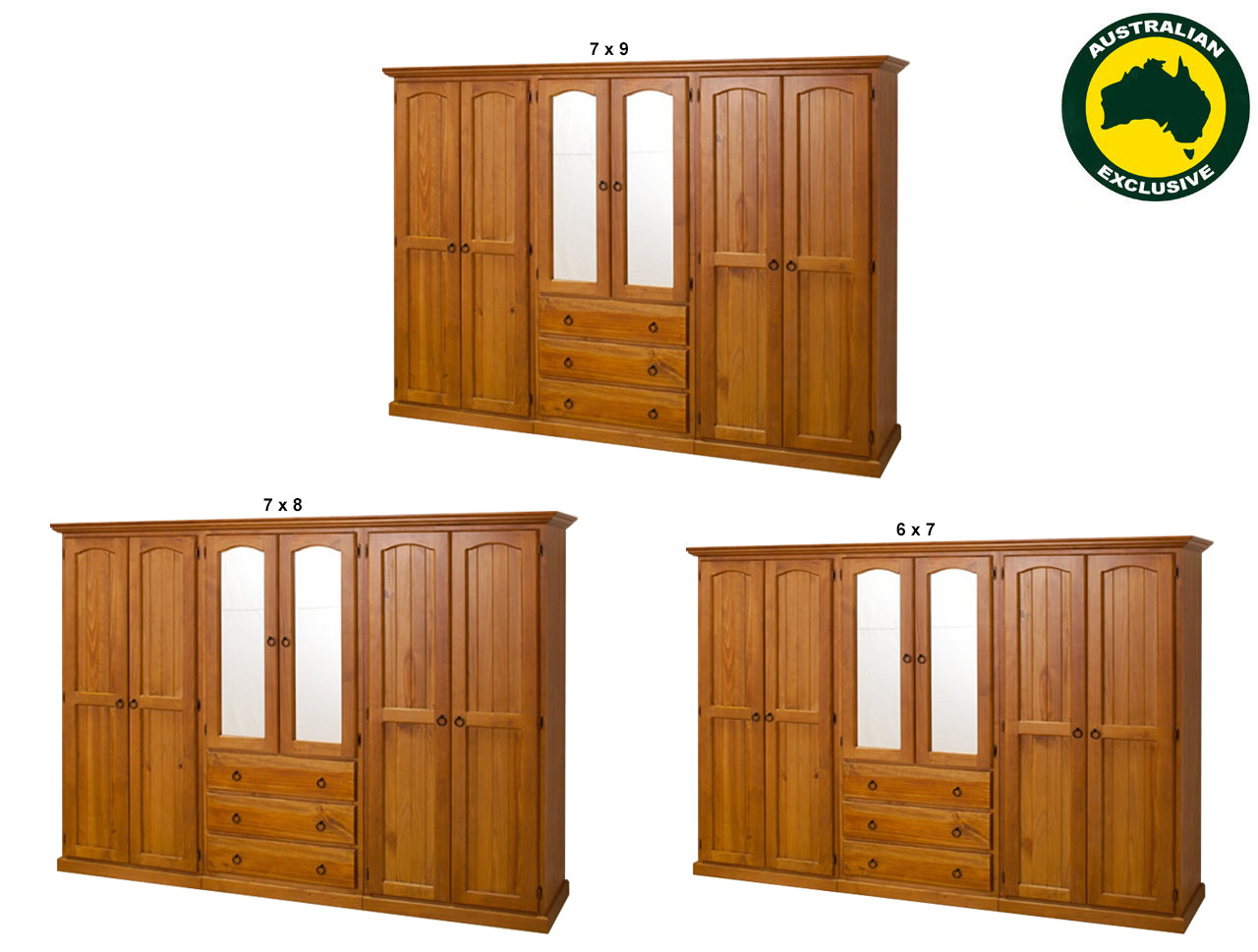 NIMERA (AUSSIE MADE) MULTI WARDROBE 6 DOORS & 3 DRAWERS COLLECTION - ASSORTED STAINED COLOURS - STARTING FROM $2499