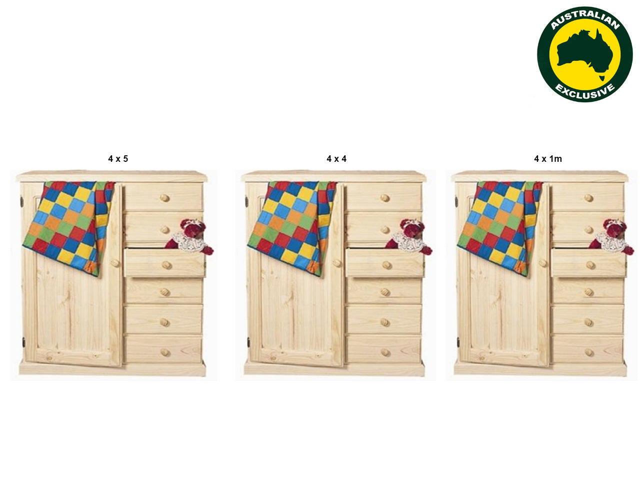 NURSERY (AUSSIE MADE) 1 DOOR / 6 DRAWER WARDROBE COLLECTION - ASSORTED STAINED COLOURS - STARTING FROM $1199