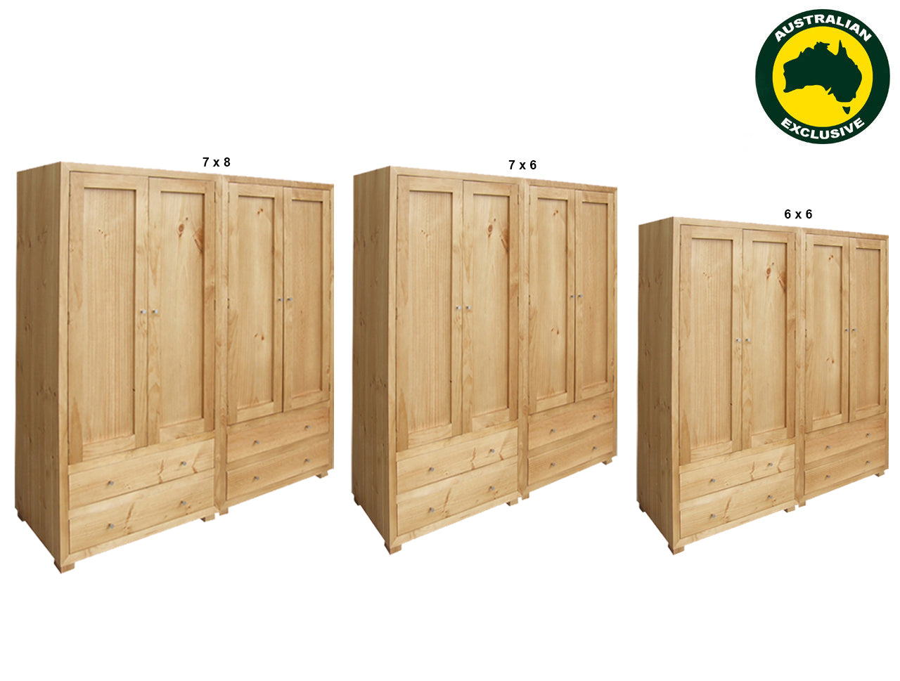 RETRO (AUSSIE MADE) DOOR WARDROBE WITH 4 DOOR / 4 DRAWER COLLECTION - ASSORTED STAINED COLOURS - STARTING FROM $1899