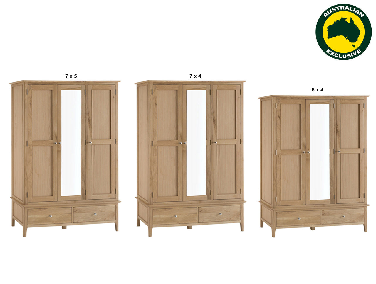 ROBINHOOD (AUSSIE MADE) LARGE 3 DOOR / 2 DOOR WARDROBE WITH MIRROR COLLECTION - TASSIE OAK COMBINATION - ASSORTED STAINED COLOURS - STARTING FROM $2199