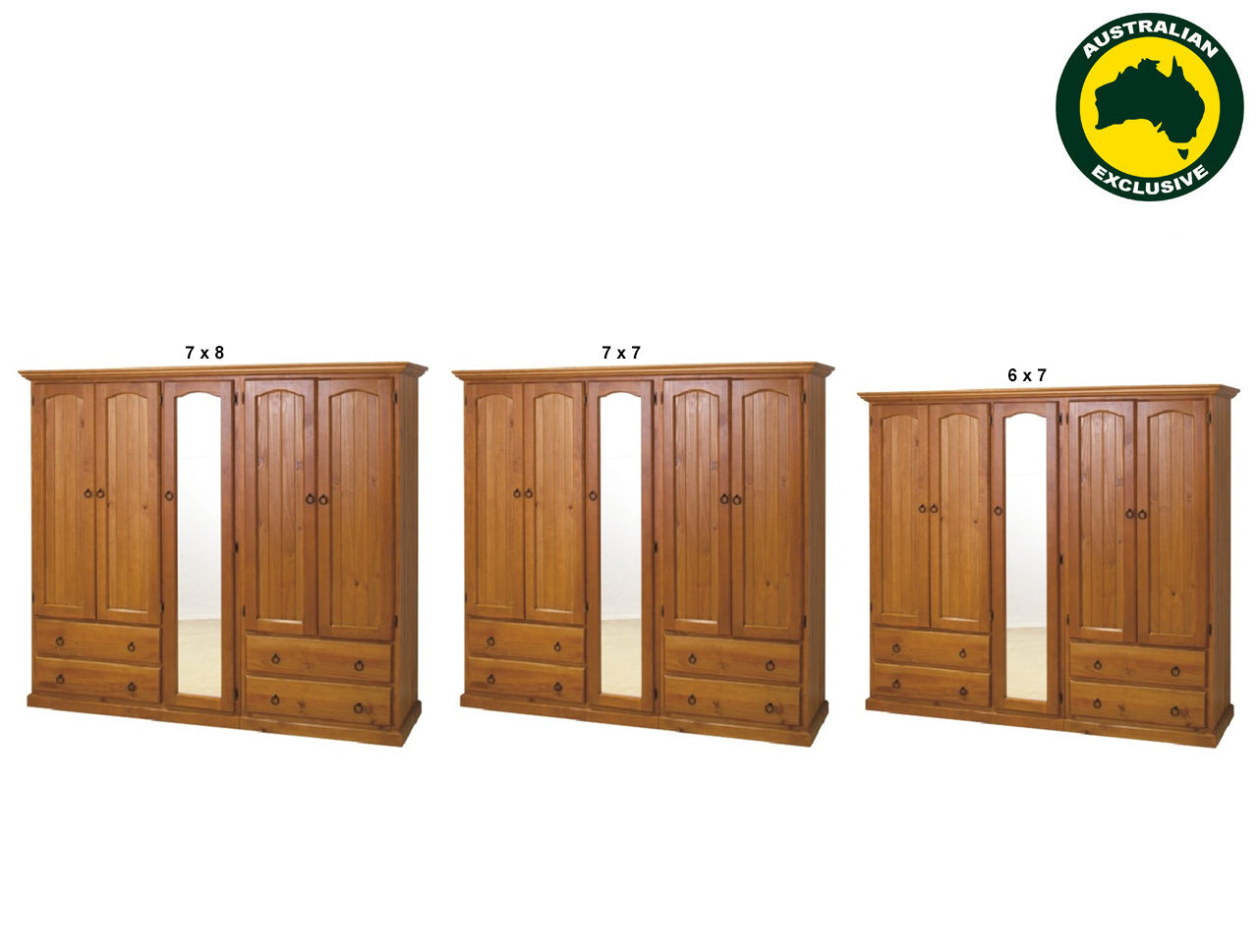 SIMEONE (AUSSIE MADE) 3 PIECE WARDROBE WITH 5 DOORS , 4 DRAWERS AND 4 SHELVES BEHIND MIRROR COLLECTION - ASSORTED STAINED COLOURS - STARTING FROM $1699