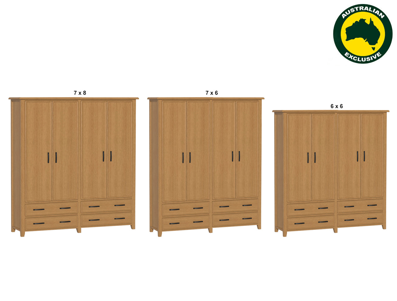 SYDNEYSIDE (AUSSIE MADE) 4 DOOR / 4 DRAWER WARDROBE ALL HANGING PIGEON PAIRED (3 SECTION) COLLECTION  - TASSIE OAK COMBINATION - ASSORTED COLOURS - STARTING FROM $3199