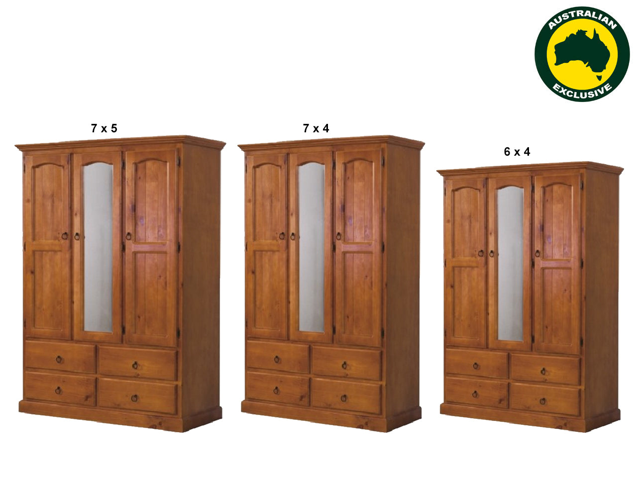 STENTOR (AUSSIE MADE) 3 DOOR / 4 DRAWER MIRROR WARDROBE COMBO (LHS OR RHS FACING) COLLECTION - ASSORTED STAINED COLOURS - STARTING FROM $1299