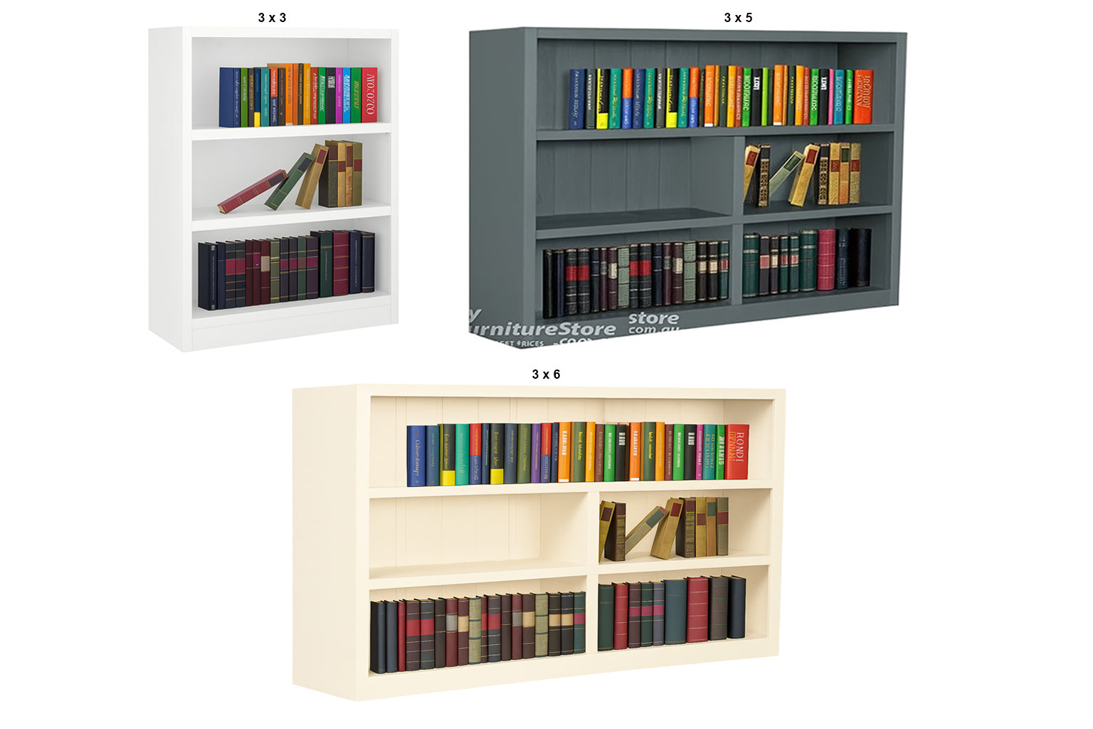 SUSSIE (AUSSIE MADE) LOWLINE BOOKCASE COLLECTION - ASSORTED PAINTED COLOURS - STARTING FROM $499