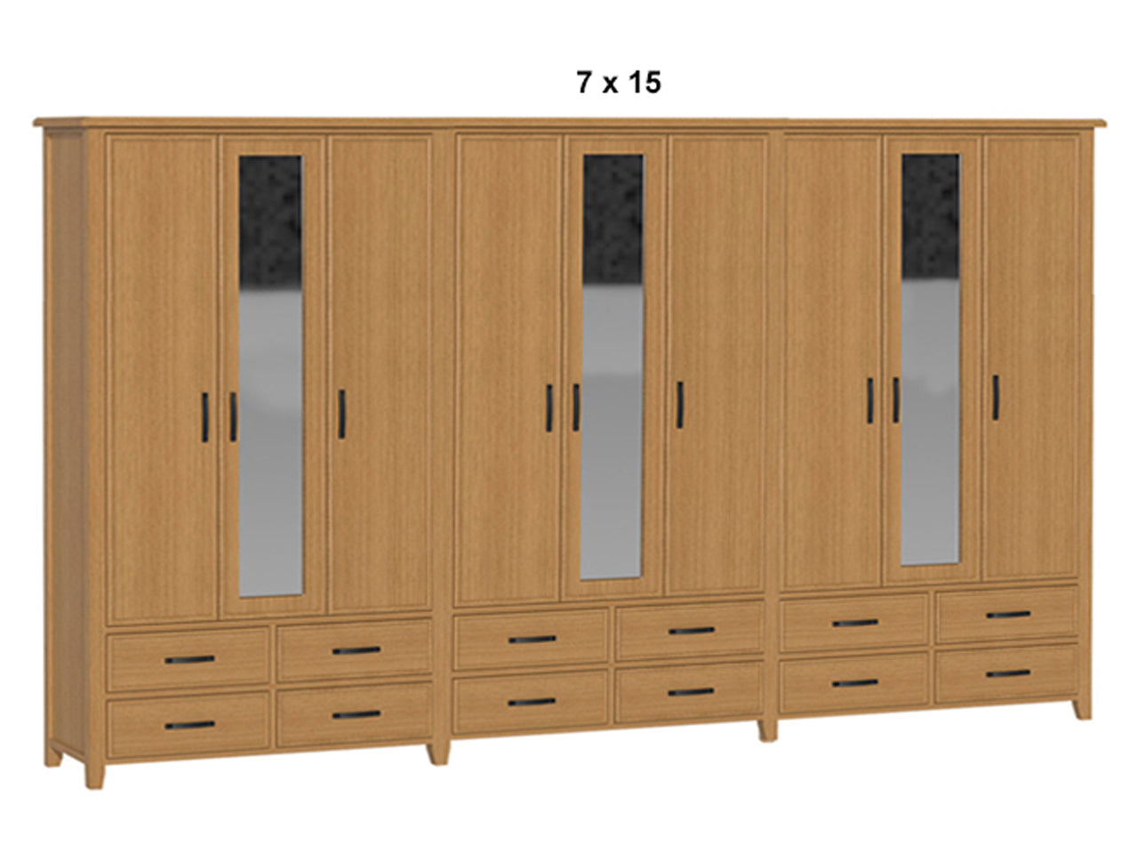 SYDNEYSIDE (AUSSIE MADE) SYDNEYSIDE (AUSSIE MADE) 9 DOOR / 12 DRAWER MIRROR ROBE - (4 SECTION) PIGEON PAIRED COLLECTION - TASSIE OAK COMBINATION - ASSORTED STAINED COLOURS - STARTING FROM $3499