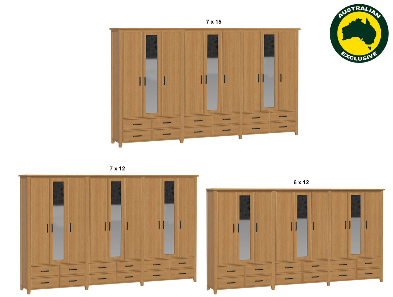 SYDNEYSIDE (AUSSIE MADE) SYDNEYSIDE (AUSSIE MADE) 9 DOOR / 12 DRAWER MIRROR ROBE - (4 SECTION) PIGEON PAIRED COLLECTION - TASSIE OAK COMBINATION - ASSORTED STAINED COLOURS - STARTING FROM $3499