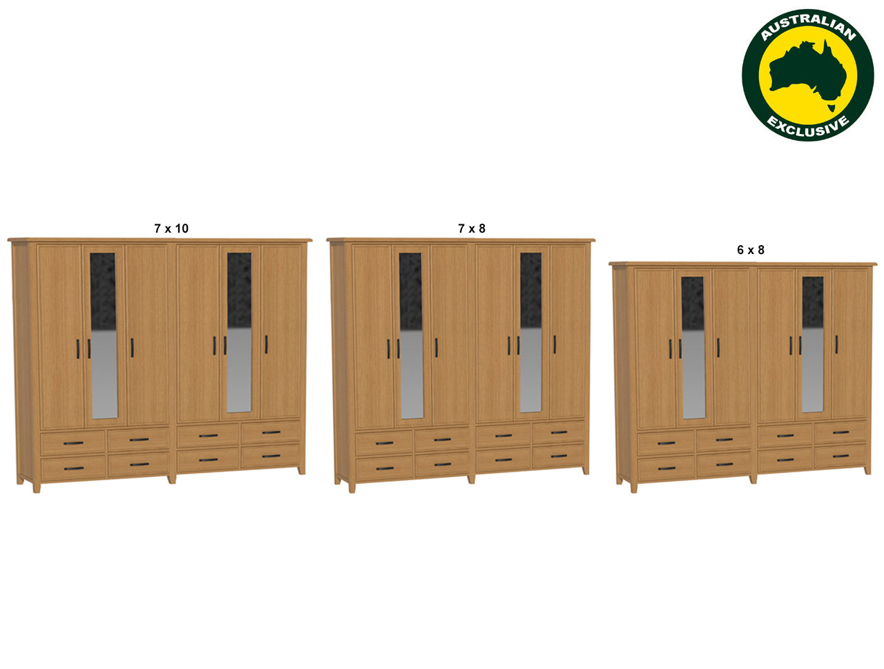 SYDNEYSIDE (AUSSIE MADE) 6 DOOR / 8 DRAWER MIRROR ROBE - (3 SECTION) PIGEON PAIRED COLLECTION - ASSORTED STAINED COLOURS - STARTING FROM $2599