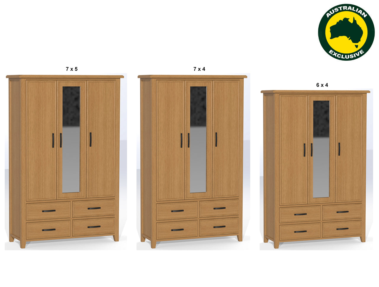 SYDNEYSIDE (AUSSIE MADE) 3 DOOR / 4 DRAWER MIRROR ROBE COLLECTION - TASSIE OAK COMBINATION - ASSORTED STAINED COLOURS - STARTING FROM $1899