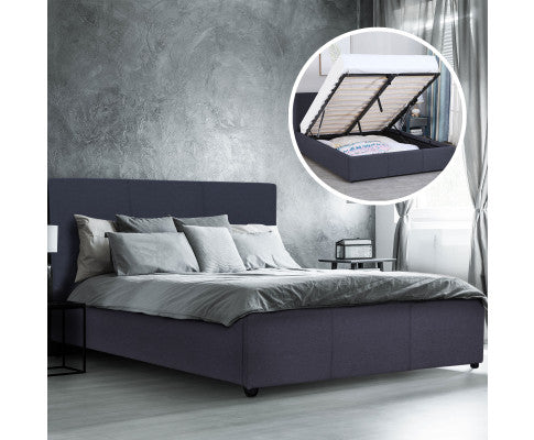 KING UMBREON LINEN FABRIC FRONT GAS LIFT BED FRAME - CHARCOAL