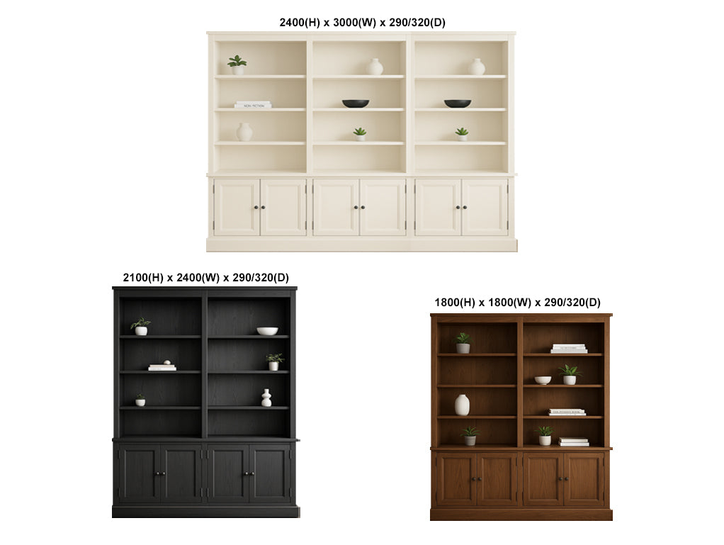 WASHINGTON (AUSSIE MADE) DOUBLE HIGHLINE BOOKCASE WITH DOORS COLLECTION - ASSORTED STAINED AND PAINTED COLOURS - STARTING FROM $2599