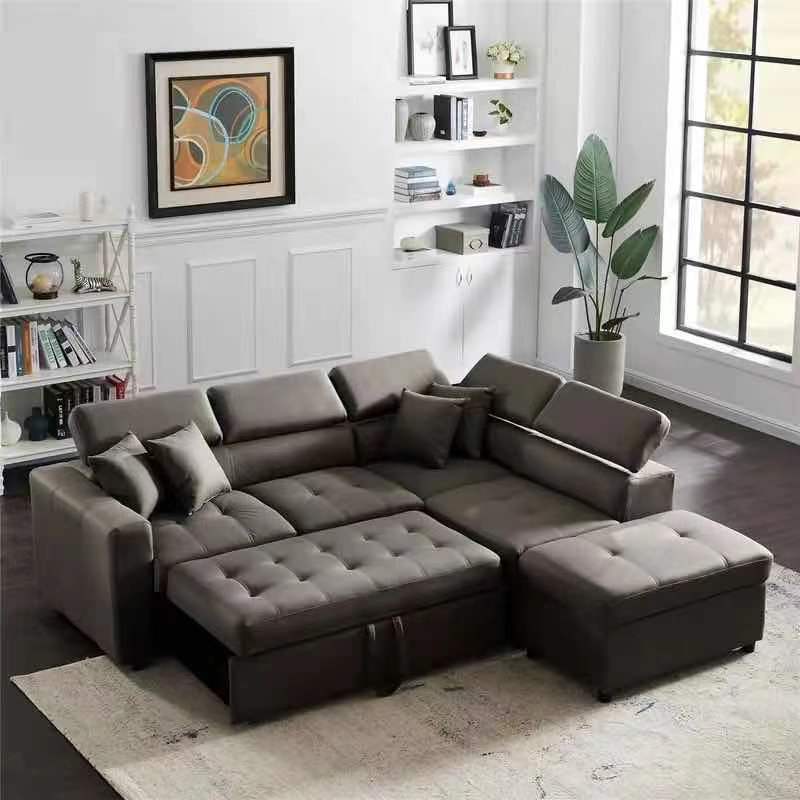 HOLDEN 3 SEATER FABRIC CHAISE LOUNGE SUITE WITH PULL OUT BED AND OTTOMAN (RHF OR LHF) - AS PICTURED