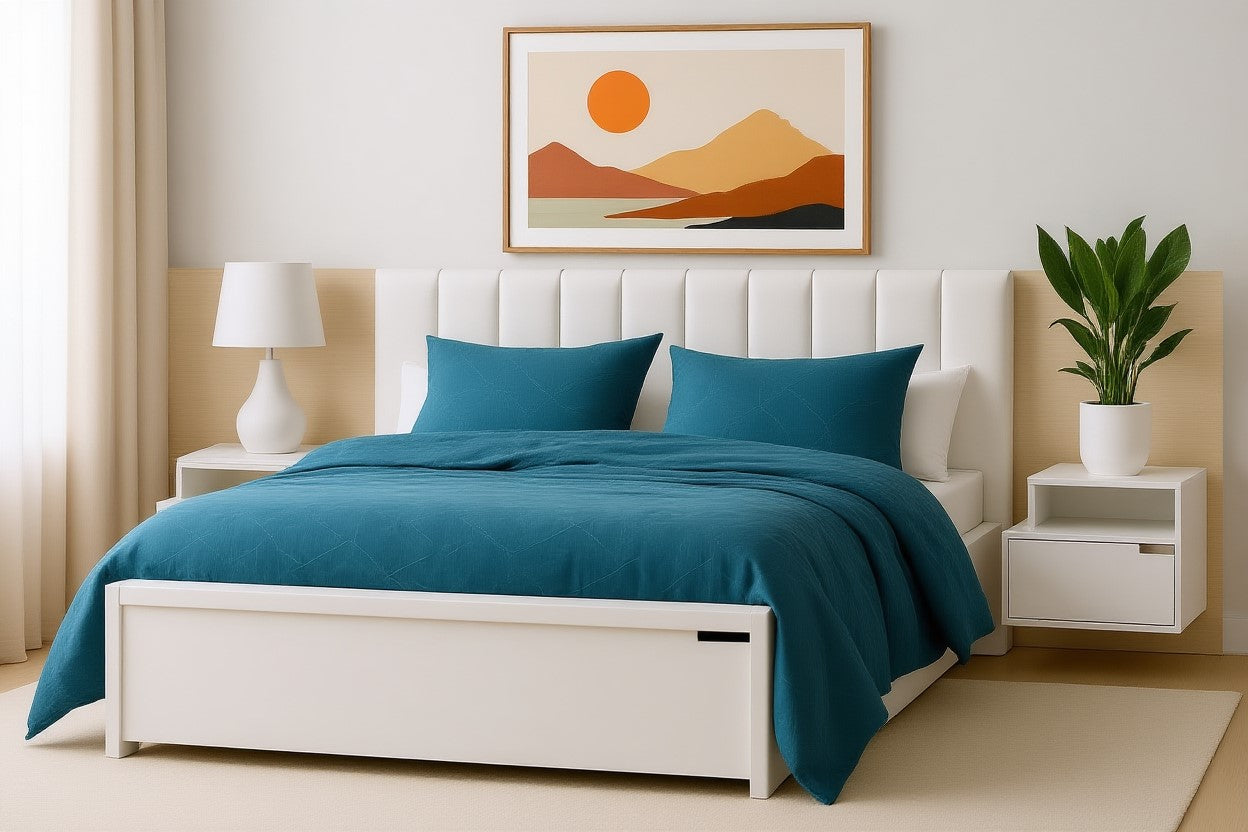LINCOLN (AUSSIE MADE) BEDROOM COLLECTION WITH FABRIC BEDHEAD AND UNDERBED STORAGE BOX - ASSORTED PAINTED OR STAINED COLOURS