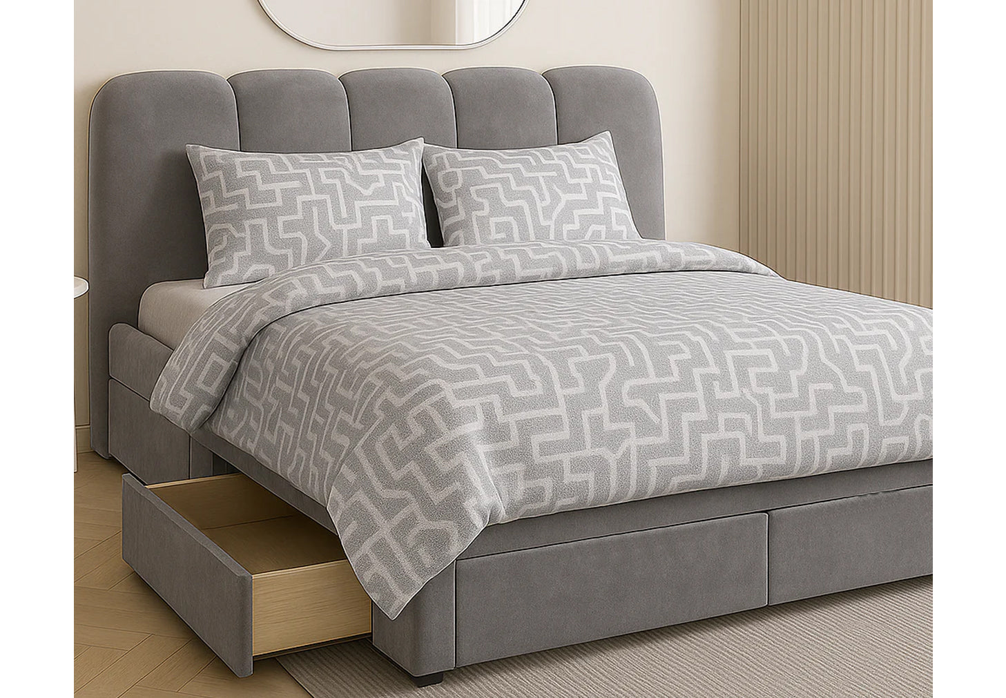 BUBBLE (AUSSIE MADE) ENSEMBLE BASE WITH 4 DRAWERS UPHOLSTERED BEDROOM COLLECTION - ASSORTED FABRICS AND COLOURS - STARTING FROM $1499