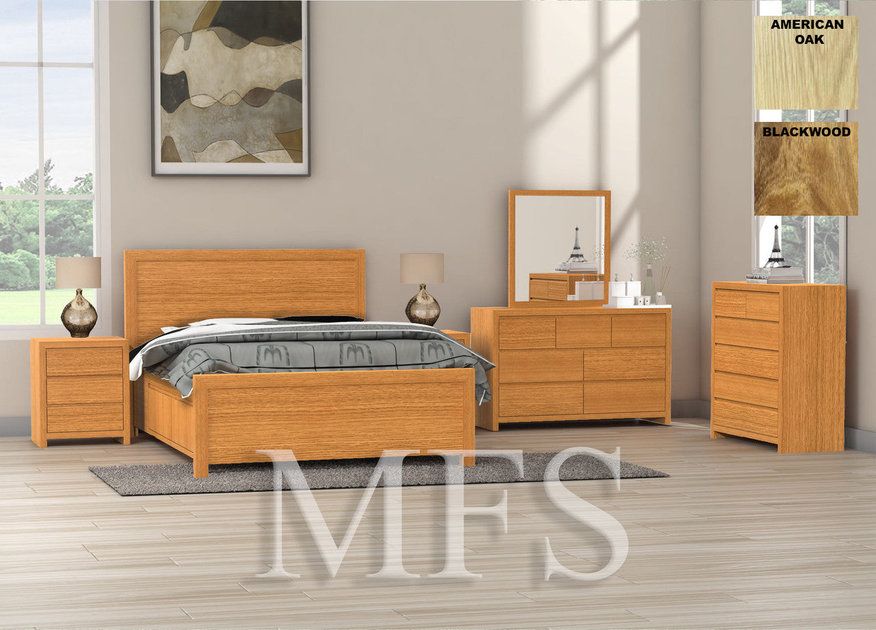 DOUBLE OR QUEEN MORGAN (AUSSIE MADE) 3 PIECE (BEDSIDE) BEDROOM SUITE WITH 4 UNDERBED STORAGE DRAWERS - BLACKWOOD OR AMERICAN OAK 