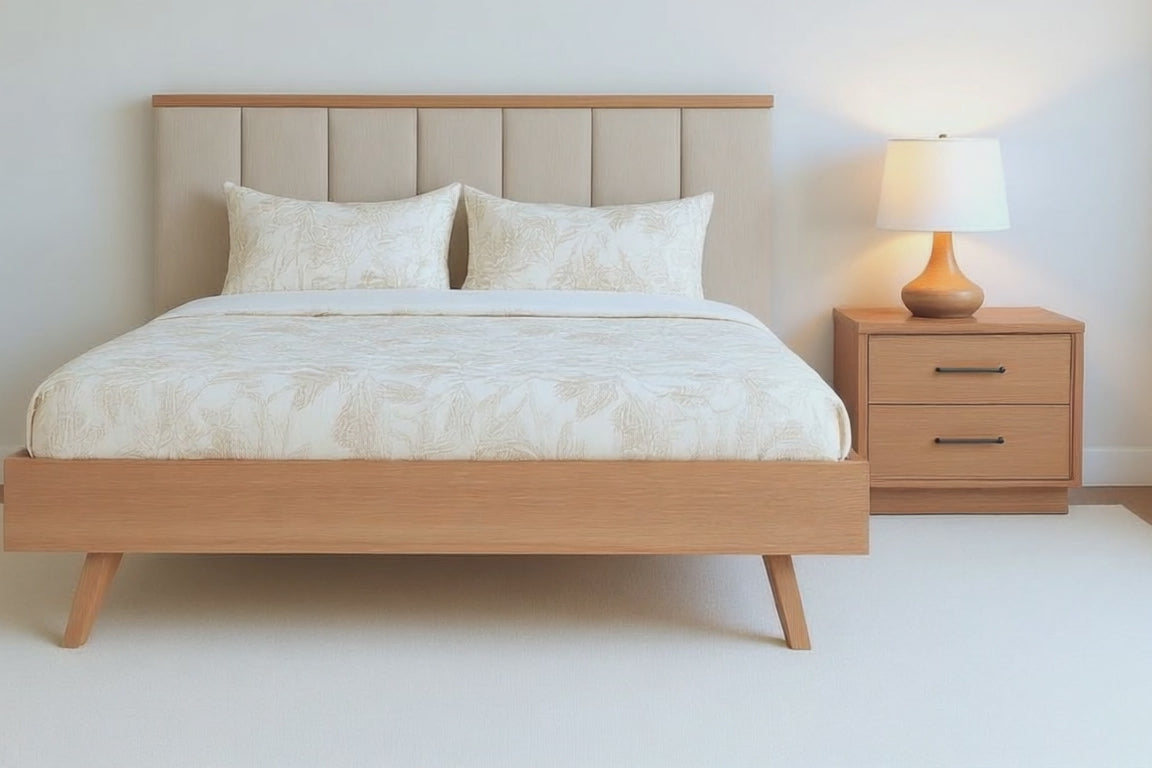 ALEXA (AUSSIE MADE) SCANDI FABRIC AND HARDWOOD BEDROOM COLLECTION - ASSORTED STAINED COLOURS - STARTING FROM $2499