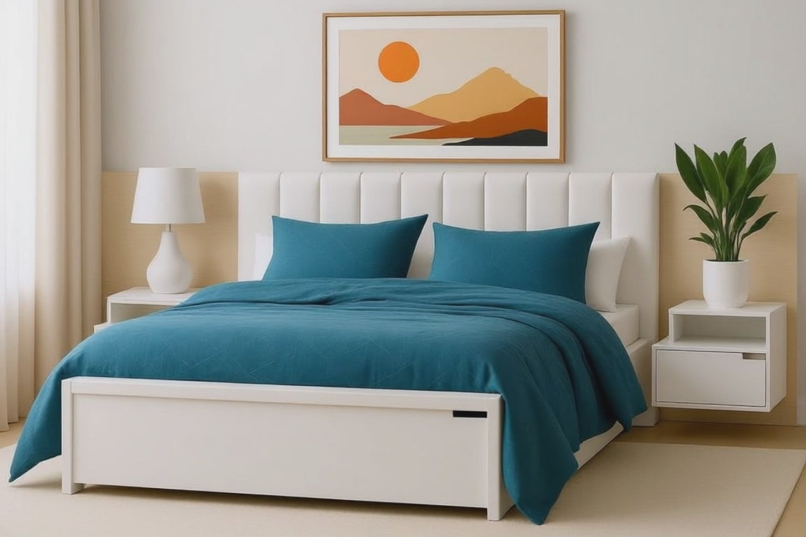 LINCOLN (AUSSIE MADE) BEDROOM COLLECTION WITH FABRIC BEDHEAD AND UNDERBED STORAGE BOX - ASSORTED PAINTED OR STAINED COLOURS