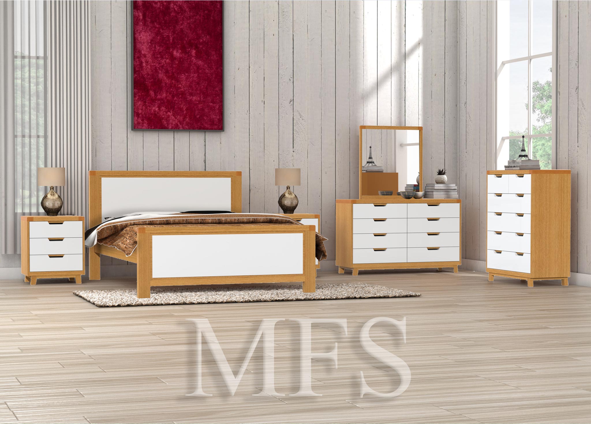 AVALON KING (AUSSIE MADE) 4 PIECE (TALLBOY) BEDROOM SUITE - 2 TONE - TASSIE OAK COMBINATION / CUSTOM WOOD - ASSORTED COLOURS
